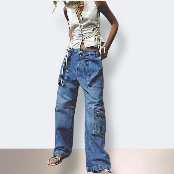 Free People We The Free Marx Slouchy Cargo Jeans Wide Blue Utility 26/27 NWOT - Picture 8 of 16
